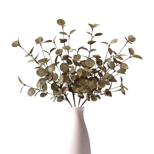 siqifloral 4PCS 24" Champagne Metallic Artificial Eucalyptus Stems – Real Touch Faux Eucalyptus for Vase Decoration, Living Room, Christmas & Holiday Home Decor