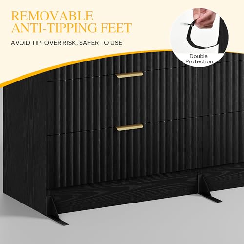 DWVO Fluted 6 Drawer Dressers, 47.5" Wide Modern Chest of Drawers, Wooden Dresser with Metal Handle, Versatile TV Stand Cabinet Table for Bedroom, Closet, Living Room, Hallway, Black