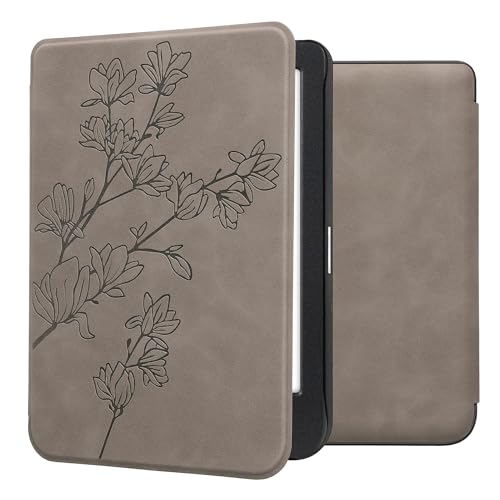 kwmobile Schutzhülle für Kobo Clara BW/Clara Colour/Tolino Shine (5) / Shine Color Hülle - eReader Case aus Kunstleder mit Auto Sleep Funktion - Magnolien mit Grau