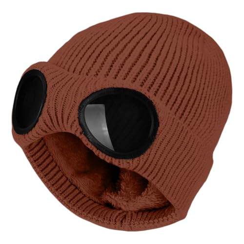 Beanie with Goggles Knitted Ski Hat Fleece Lined Winter Hats for Men Women