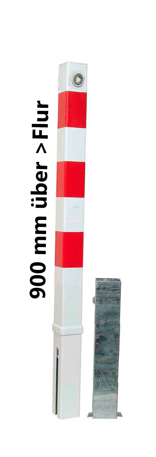 UvV Absperrpfosten Stahl 900 x 70x70 mm, mit DIN Dreikantverschluss herausnehmbar, Pulverbeschichtet, 3 rot reflektierende Streifen, Bodenhülse