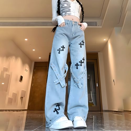 Women Y2K Grunge Kawaii Gothic Clothes Casual Straight Leg Vintage Straps Cross Patchwork Decor Denim Pants3