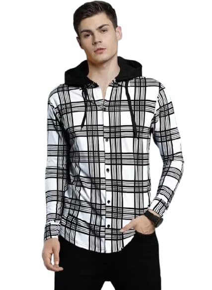 Slim Fit Checkered Hooded Neck Shirt for Mens & Boys, White-L-picture-54