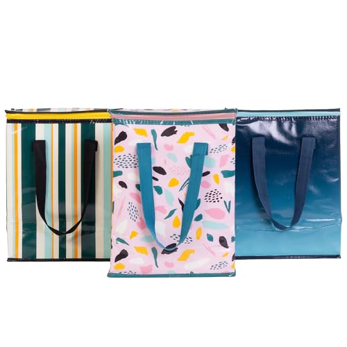 PLANET E Reusable Grocery and Picnic Bags - Colorful Collapsible Multipurpose Heavy Duty Utility Tote with Insulated Zippered Cooler (Pack of 3)