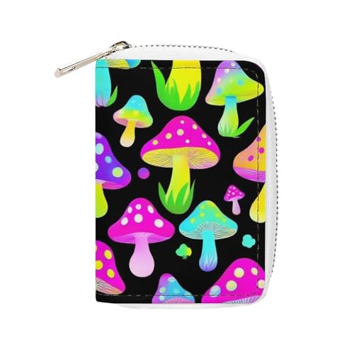 Compact Credit Card Organizer Case for Men Women, Portable Mini Card Holder Organizer with Zipper Neon Mushrooms Pattern Purple Pu Leather Wallet