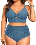 Yutdeng Bikini Mujer Talla Grande Traje de Baño Dos Piezas Cintura Alta Cuello en V Bañador Reductor Push Up Relleno Bañadores Sexy Cruzado Calado Bikinis Top Braga Alta Vientre Plano Plisado Playa