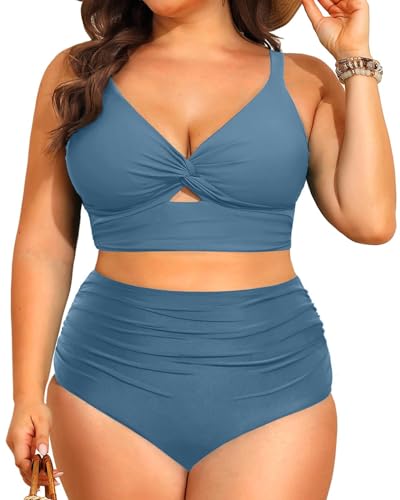 Image of Yutdeng Plus Size Two Piece Swimwear for Women Push Up Twist Knot Bikini Top and High Waisted Bikini Set Tummy Control Bathing Suits Blue