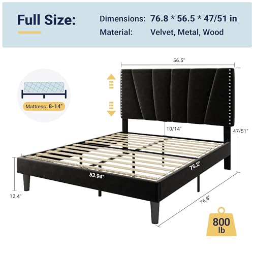 Image of Allewie Full Size Velvet Platform Bed Frame with Adjustable Headboard Black | Height-Adjustable Velvet Headboard, Rivet-Style Nailhead Trim, Wooden Slat Support, No Box Spring Needed, Easy Assembly