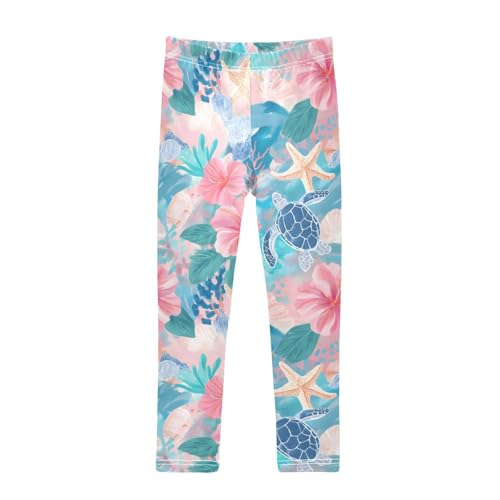 Sea Turtle Starfish Coral Floral Girls Leggings Ultra Soft Compression Yoga Gym Pants for Kids 4-10T
