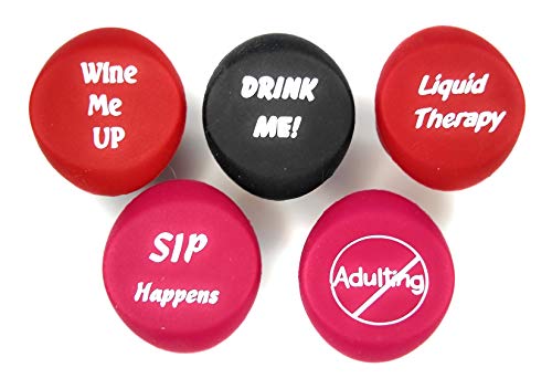 Novelty Silicone Wine Stoppers Gift Box (5 pc) Reusuable Stoppers for Wine Beer and Soda Bottles