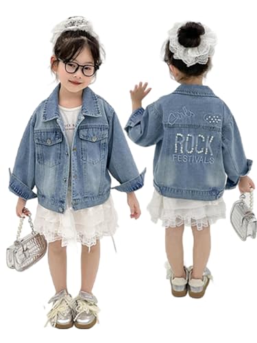 MW&FOFJR Girl Pearls Denim Jacket Button Down Jean Jakcets Long Sleeve Denim Top Coat Outwear