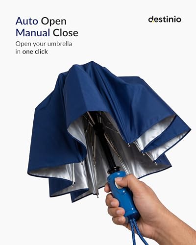 Image of Destinio Umbrella for Man - Large Size, Fully Automatic, Windproof Fibreglass Ribs, UPF 50+ Sun Protection, Premium 210T Pongee, Foldable Travel Umbrella for Rain for Men and Women - 3 fold Compact Easy to Carry (Auto open auto close)