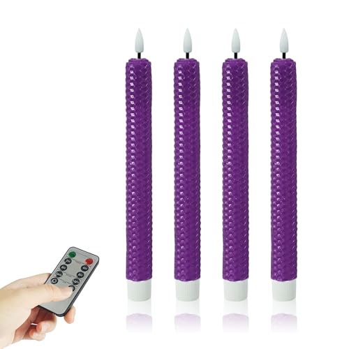 Image of Beeswax Honeycomb Flameless LED Taper Candles, 9.5 Inch Flickering Wax Candles with Remote & Timer, Purple Battery Operated Dripless Tapered Candle for Home Wedding Decor, 4 Pack