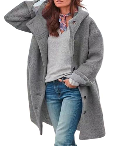 Wintermantel Damen Wolle Mantel mit Kapuze Wollstoff Winterjacke Wollmantel Winter Lang Dufflecoat PlüSchmantel Übergangsmantel Herbst Elegant Wool Coat Wolljacke Einfarbig...