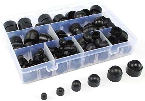 Plastic Dome Nut Kit, 145pcs M4 M5 M6 M8 M10 M12 Black Dome Bolt Nut Insulating Flat Washer, Hex Hexagon Protection Cap Cover, with Storage Box, for Screws or Bolts