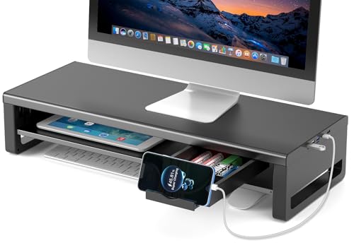 EAYHM モニター台 USB2.0/3.0データ転送付き 机上台 USB/TYPE-C充電付き モニタースタンド 引き出しとスマホホルダー付き 二段式 パソコン 台 ノートパソコン/プリンター/iMac/タブレットパソコンに適用 耐荷重25kg (80CM二段式-USB HUB/TYPE-C充電付き)