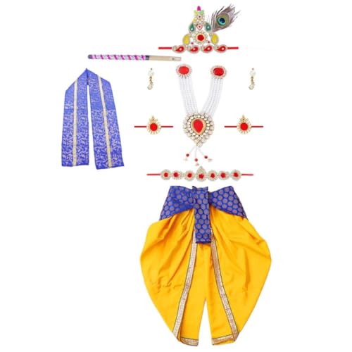 Image of Krishna Dress for Kids - FancyDress for Boys & Girls | Bal Krishna with Mukut, Flute & Accessories (Set of 10)| Janmashtami