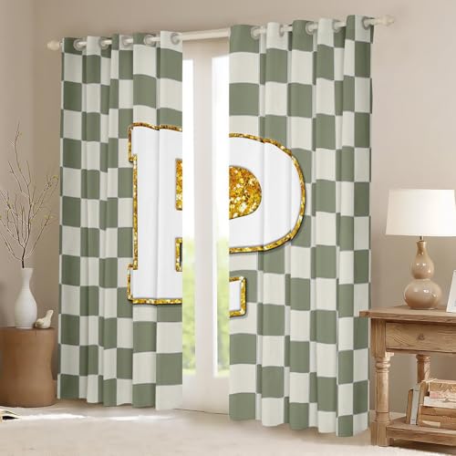 Image of Erosebridal Sage Green Checkered Window Curtains 42 inch Wx90 L Plaid Initial P Blackout Curtains for Bedroom Living Room,Personalized Monogram Window Treatments Grids Gingham Drapes Decor 2 Panels