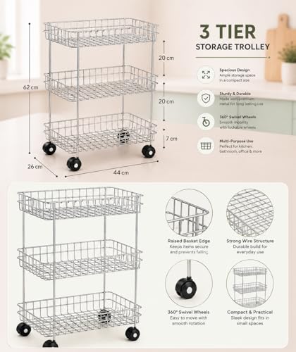Image of Stainless Steel Modern Kitchen Storage Rack, Folding Perforated Design Trolley for Spice, Fruits, Vegetable, Onion, Potato, Organizer Stand with Wheel, 3 Layer Trolley