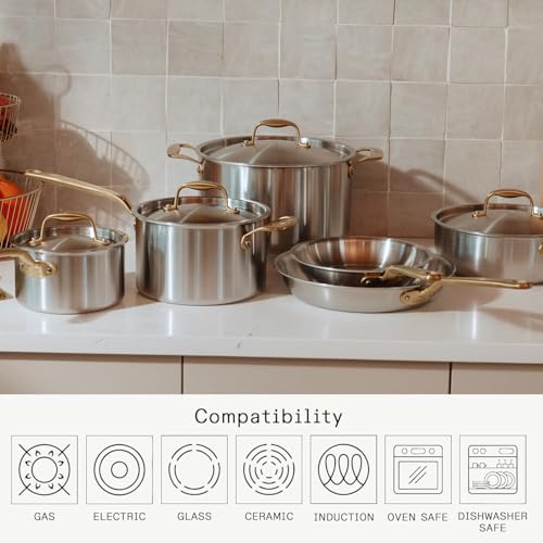 Image of Made In Cookware - 10 Piece Stainless Steel Pot and Pan Set (Antique Brass) - 5 Ply Clad - Includes Stainless Steel Frying Pans, Saucepans, Saucier and Stock Pot W /Lid - Crafted in Italy