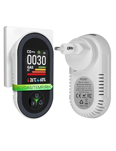 Rilevatore Monossido di Carbonio e Gas con Presa di Corrente - Rilevatore CO 4 in 1 con Sensore Temperatura & Umidità -...