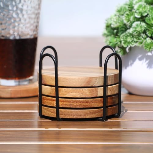 WLWNWFT Untersetzer Gläser Holz 6er Set, Glasuntersetzer aus Akazienholz mit Halter, Holz untersetzer Rund, Tassenuntersetzer Bierdeckel Set