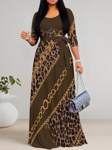 Image of PinkPatty Plus Size Maxi Dress for Women Casual V Neck 3 /4 Sleeve Boho Printed Long Dress with Pockets