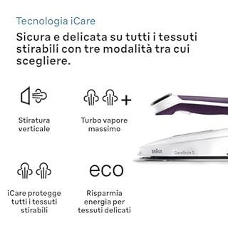 Braun CareStyle 5 IS5247VI, Ferro da Stiro a Vapore con Tecnologia FreeGlide 3D, 145 g/min di Vapore, Riscaldamento Veloce, Modalità iCare, Stiratura Verticale, Serbatoio 2L Rimovibile, 2400W, Viola