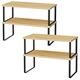 OGEMXU Cabinet Shelf Organizers, 15.7 inches Large Kitchen Counter Shelf, Set of 4 Wood Kitchen Pantry Organizer, Storage Shelves for Countertop, Spice Rack, Stackable, Expandable, Metal Black, Nature