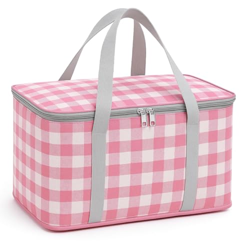 Cesta de Piquenique Térmica com Alça Bolsa Cooler Dobrável Isolamento Térmico Ideal para Picnic Passeios Camping Praia Mantém Frio e Quente com Zíper Duplo Grande Capacidade (Xadrez Rosa)