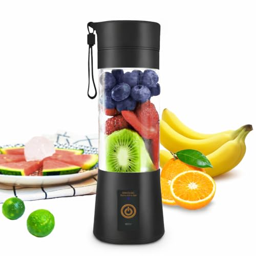 Compact Blender for Shakes and Smoothies, 380ml Portable Blender with 6 Enhanced Blades, USB Rechargeable Personal Smoothie Maker for Juice & Protein Shakes, Easy to Carry and Clean (Black)