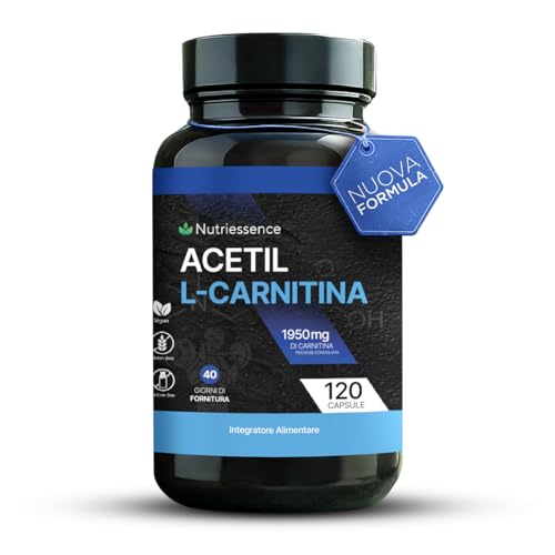 Acetil L-Carnitina 1950 mg Extra Dosaggio | 120 Compresse Maxi Formato fino a 2 Mesi | Integratore Naturale per Energia, Metabolismo,Concentrazione e Forza Mentale |Senza Glutine e Lattosio |