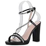  VAN HILL Damen Riemchensandaletten Sandaletten Blockabsatz Schuhe Party Strass Absatzschuhe Plateau Vorne Partyschuhe 210378 Schwarz 37