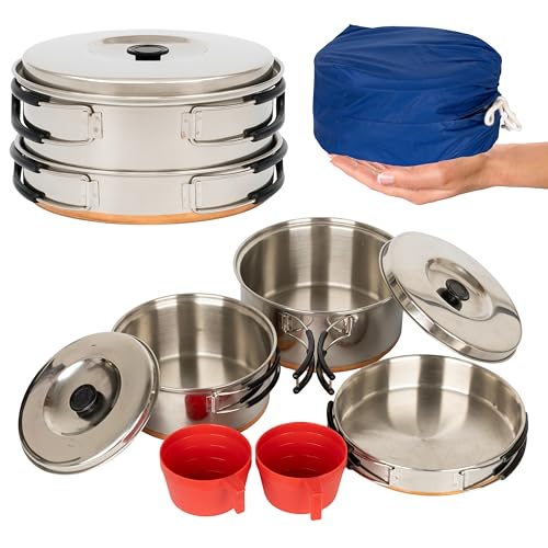 AASTIK SALES 7 Piece Camp Cooking Set, 304 Stainless Steel Camping Cookware with Pot and Frying Pan Kit 2 Set Plastic Cups for Camping, Backpacking, Outdoor Cooking and Picnic