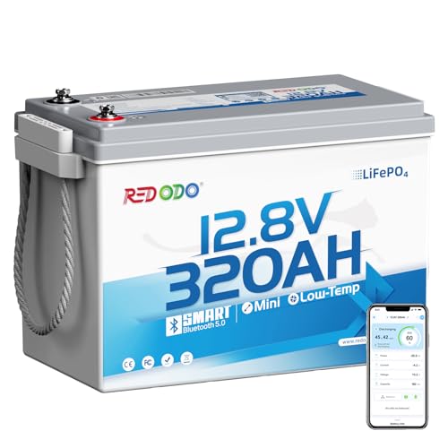 Redodo 12.8V 320Ah Mini LiFePO4 Lithium Battery, 15000+ Deep Cycles, IP65 for RV Boondocking & Off-Grid, w/Bluetooth & Low-Temp Cutoff, 2 Pack