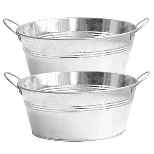 Gcroet Fioriera zincata 2 pcs vasca zincata rotonda con manici robusti da 9.76x4, 33 pollici di fioriera in metallo vasca di zinco per piantagioni, bevande più fresco, secchio di ghiaccio.