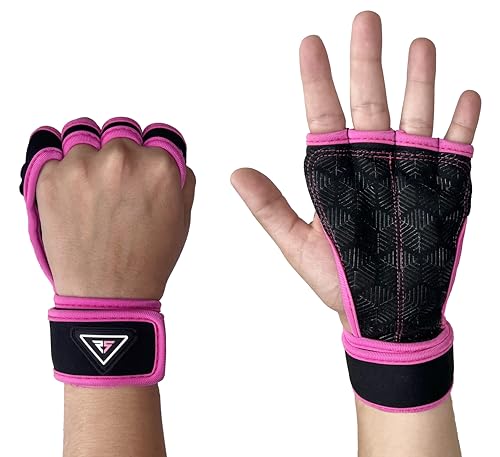 RAYSTRENGTH Guantes Gimnasio y Crossfit Hombre y Mujer, guantillas, con muñequera Reforzada, calistenia, Mancuernas, calleras, Resistente y duraderos, Guantes Gym Abiertos (Rosa, Small)