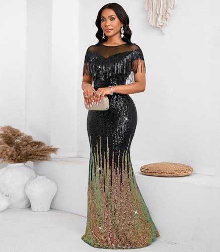 Image of Cololura Sexy Sequin Tassel Mesh Perspective Party Cocktail Bodycon Evening Club Maxi Dress