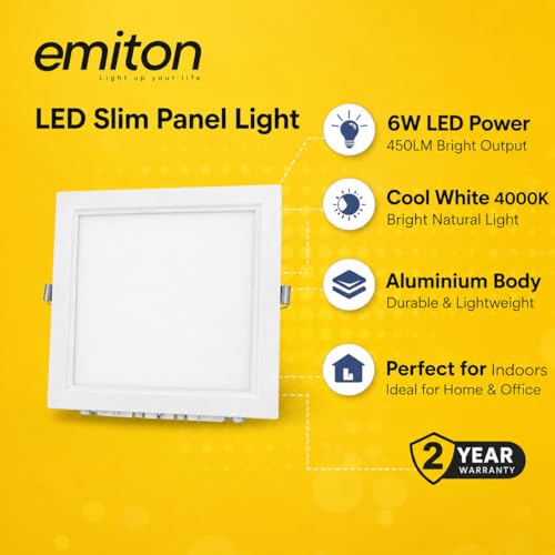 Image of EMITON LED Slim Panel Light | 6W Square Ceiling Panel Lamp | Natural White 4000K | 450Lm LED Output | Aluminium Body | Indoor False Ceiling Light for Home Office Kitchen Bathroom | White