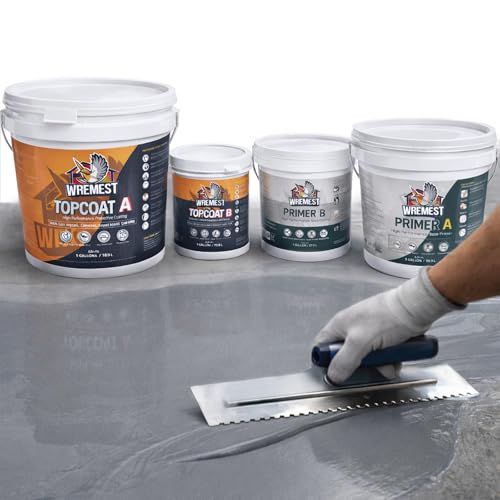 Wremest Garage Self Leveling Epoxy Floor Paint with Primer Kit, Gray Colored Sand Finish, Incredibly Durable Concrete Floor Coating for Workshops, Basements, Driveway,Family Rooms 2-Part Primer 2-Part Topcoat,Coverage 43sq.ft.