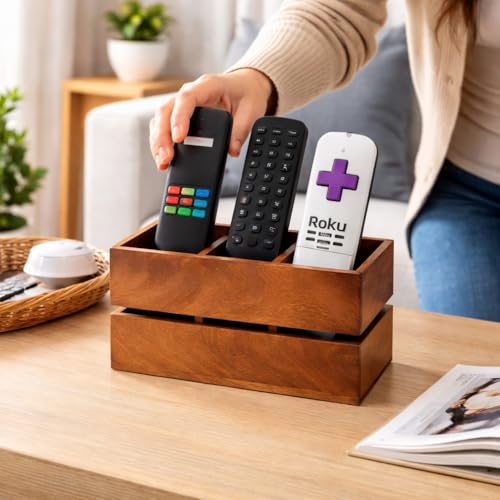 Image of Craft Expertise Wooden Remote Control Holder Stand for Living Room & Bedroom | 3 Compartment Remote Organizer for TV, Sofa & Side Table | Brown Wooden (Medium)