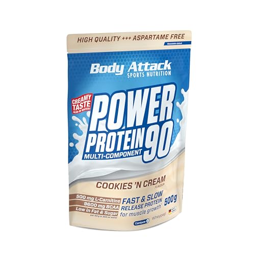 Body Attack POWER PROTEIN 90 - Cookies N Cream - 500g Beutel - Mehrkomponenten Protein Pulver, Made in Germany - Mit BCAA, Vitaminen & L-Carnitin - Protein Shake extra cremiger Geschmack Body Attack POWER PROTEIN 90 - Cookies N Cream - 500g Beutel - Mehrkomponenten Protein Pulver, Made in Germany - Mit BCAA, Vitaminen & L-Carnitin - Protein Shake extra cremiger Geschmack