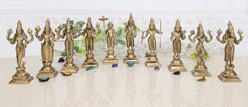 ARTVARKO Brass Dashavatara Dasavatharam of Lord Vishnu Statues Ten Incarnations Avatars Idol Murti (Gold Color 6 Inch.10 pcs)