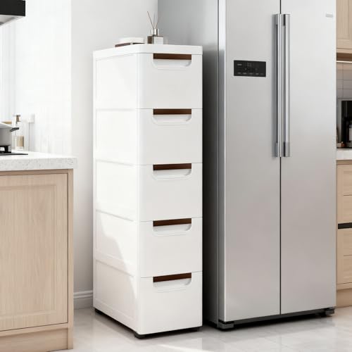 Gabinete de almacenamiento delgado para baño con cajones y ruedas de plástico ajustable 7