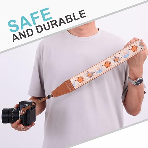 Image of Padwa Lifestyle Tan Sun God Camera Strap - 2 inch Full Grain Leather Ends Camera Straps for Photographers, Vintage Embroidered Cotton Soft Suede Fabric Padded Strap Quick Release fits All Cameras