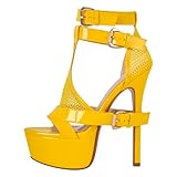 onlymakerheels Women's High Stiletto Heels Platform Mesh Buckle Open Toe Ankle Strap Dress Shoes Sandals Yellow Size12
