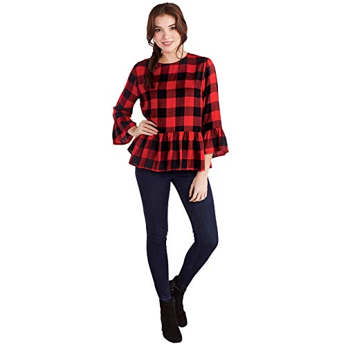 Mud Pie Women's Red Buffalo Check Flora Flounce Top Individual Sizes Large, Multi