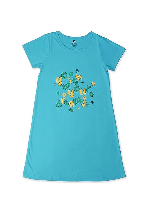 Image of Clotth Theory Girls Cotton Nightdress | Knee Length Nighty | Round Neck Short Sleeve Soft Sleepwear