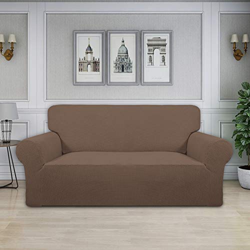 Image of Easy-Going Stretch Oversized Loveseat Slipcover 1-Piece Sofa Cover Furniture Protector Couch Soft with Elastic Bottom for Kids Polyester Spandex Jacquard Fabric Small Checks Brown