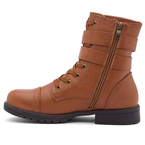 Herstyle Florence2 Women's Combat Booties Mid-Calf Boots Ankle Lace up Military Shoes, 1721Tan,Size 8.03